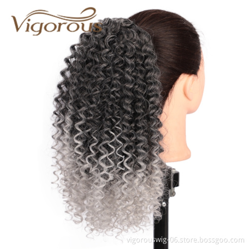 Vigorous Top Quality Cheap Supplier Kinky Curly Ombre Grey Updo Puff Hair Piece Drawstring Synthetic Ponytail Hair Extension